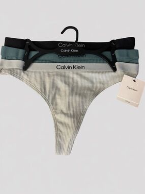 Calvin Klein Three-Pack Ribbed Thongs in Black, Seafoam & Sage